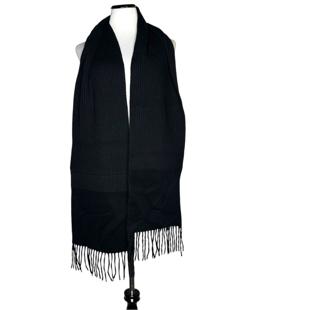 Salvatore Ferragamo Black Wool Scarf Fringe Ribbed Design Luxury Italy Unisex